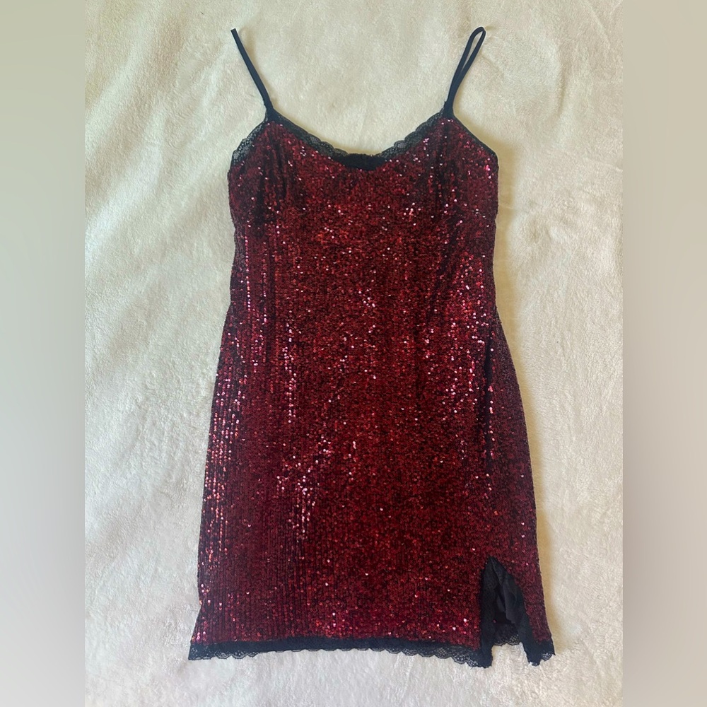Wild Fable Women's Lace Trim Sequin Slip Mini Dress Size XL Burgundy